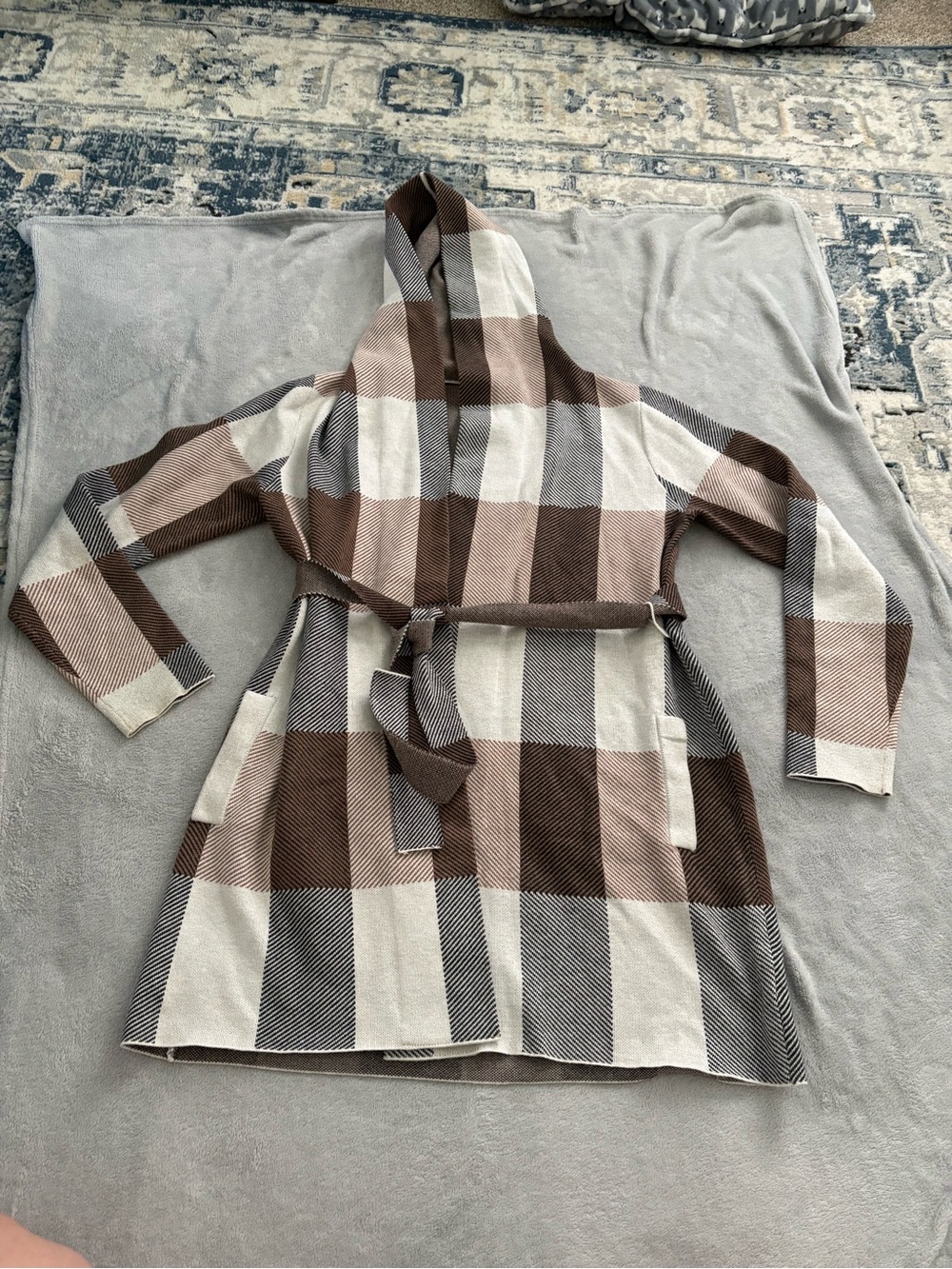 Joie Plaid Hooded Belted Cardigan - Brown & Cream